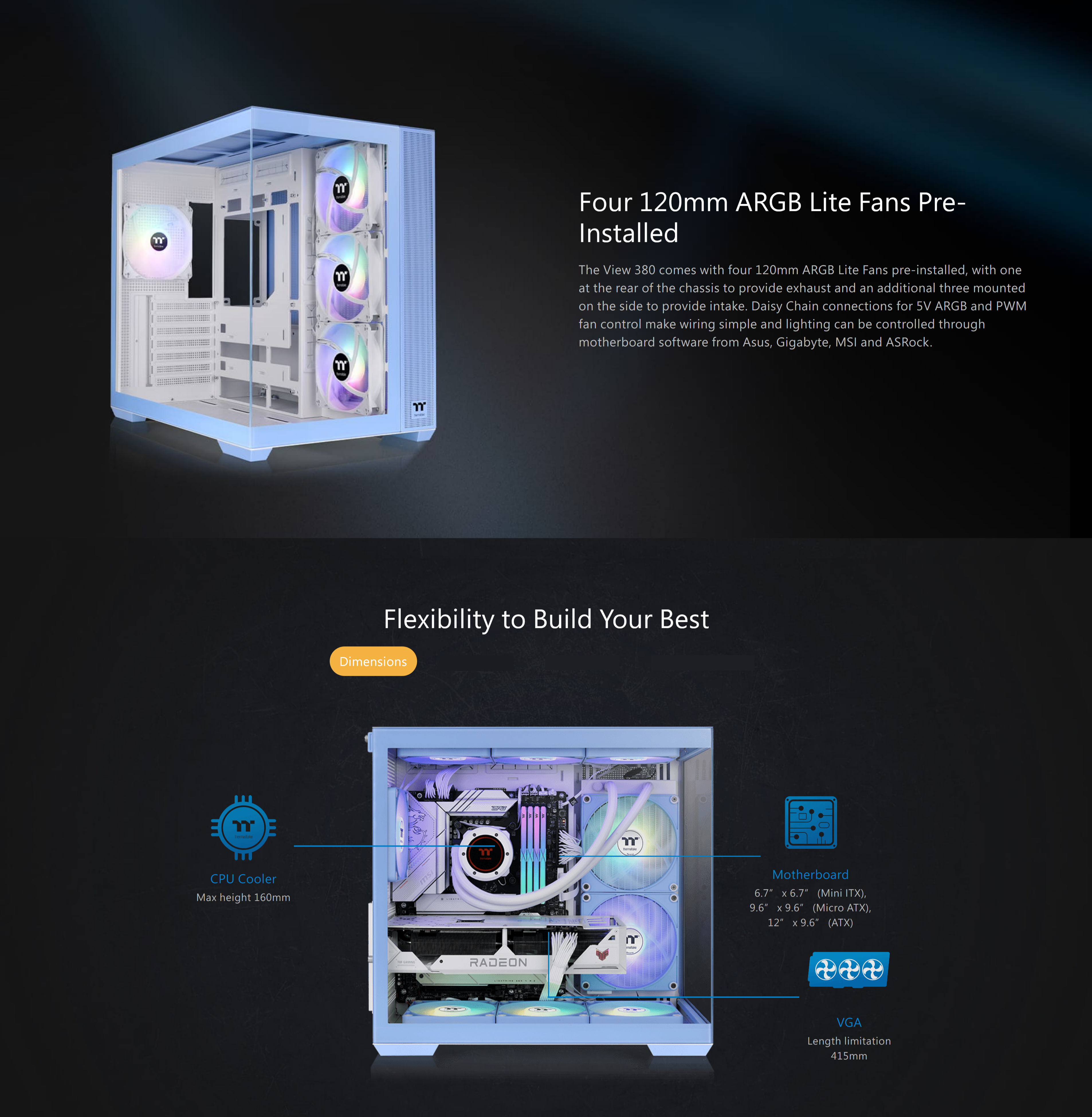 A large marketing image providing additional information about the product Thermaltake View 380 TG - Mid Tower Case (Hydrangea Blue) - Additional alt info not provided